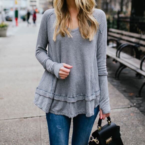 Free People Tops - Free People We the Free Laguna Waffle Thermal Long Sleeve Top Small Gray Casual
